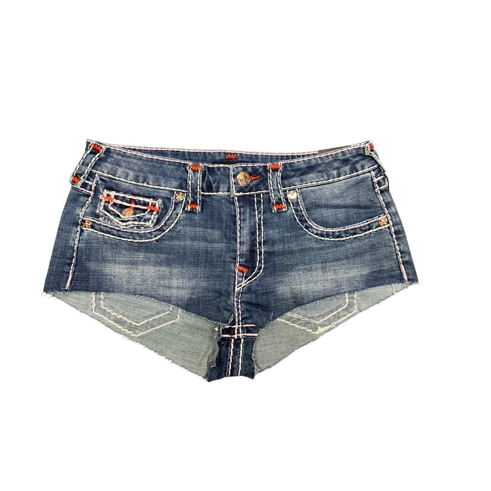 True Religion Spicy Short Flap Super T Denim Shorts Wave Lily Blue W29 NEW
